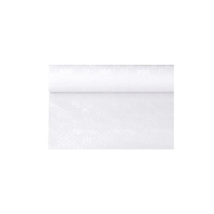 A roll of PAPSTAR paper tablecloth with damask embossing from PAPSTAR GmbH, similar to a simple white wallpaper for festive occasions, is partially unrolled and shows its smooth and even texture against the plain white background.