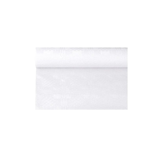 A roll of PAPSTAR paper tablecloth with damask embossing from PAPSTAR GmbH, similar to a simple white wallpaper for festive occasions, is partially unrolled and shows its smooth and even texture against the plain white background.
