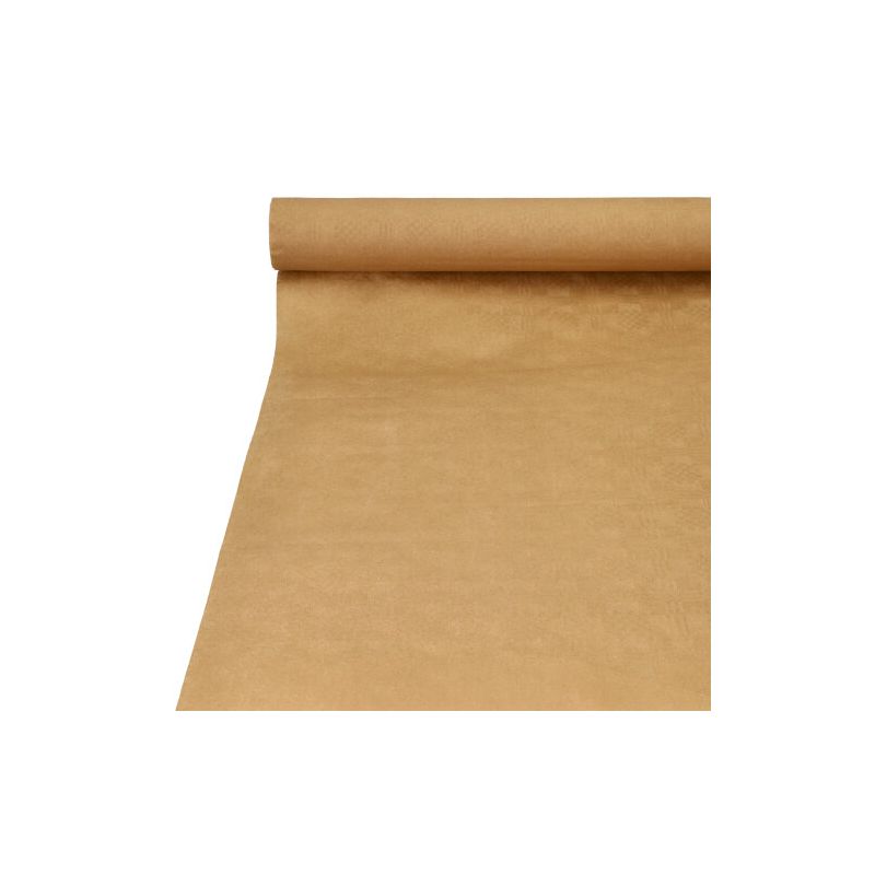 A roll of PAPSTAR paper tablecloth with damask embossing, measuring 25 x 1 meters, can be elegantly unrolled and reveals its smooth and flawless surface. The texture of this exquisite kraft paper adds an elegant touch and is perfect for table decoration. Positioned diagonally, with the visible end on top, the product embodies elegance in any setting. This light brown creation from PAPSTAR GmbH is ideal for enhancing your decorative occasions.