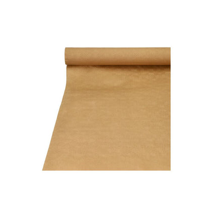 A roll of PAPSTAR paper tablecloth with damask embossing, measuring 25 x 1 meters, can be elegantly unrolled and reveals its smooth and flawless surface. The texture of this exquisite kraft paper adds an elegant touch and is perfect for table decoration. Positioned diagonally, with the visible end on top, the product embodies elegance in any setting. This light brown creation from PAPSTAR GmbH is ideal for enhancing your decorative occasions.