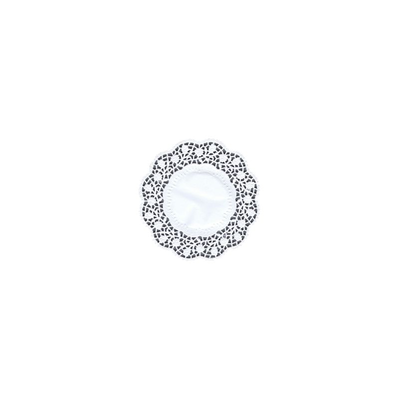 A single round white PAPSTAR plate and cup doily (15 cm) with a lace-like cutout, ideal for an elegant table decoration, is depicted centrally on a plain white background. The package contains 100 pieces. Brand: PAPSTAR GmbH.