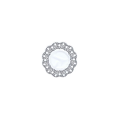 A single round white PAPSTAR plate and cup doily (15 cm) with a lace-like cutout, ideal for an elegant table decoration, is depicted centrally on a plain white background. The package contains 100 pieces. Brand: PAPSTAR GmbH.
