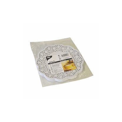 A sealed package of 100 round, white PAPSTAR plate and cup doilies (15 cm) from PAPSTAR GmbH with a decorative lace design for the elegantly set table; the label shows a teacup and includes a barcode.