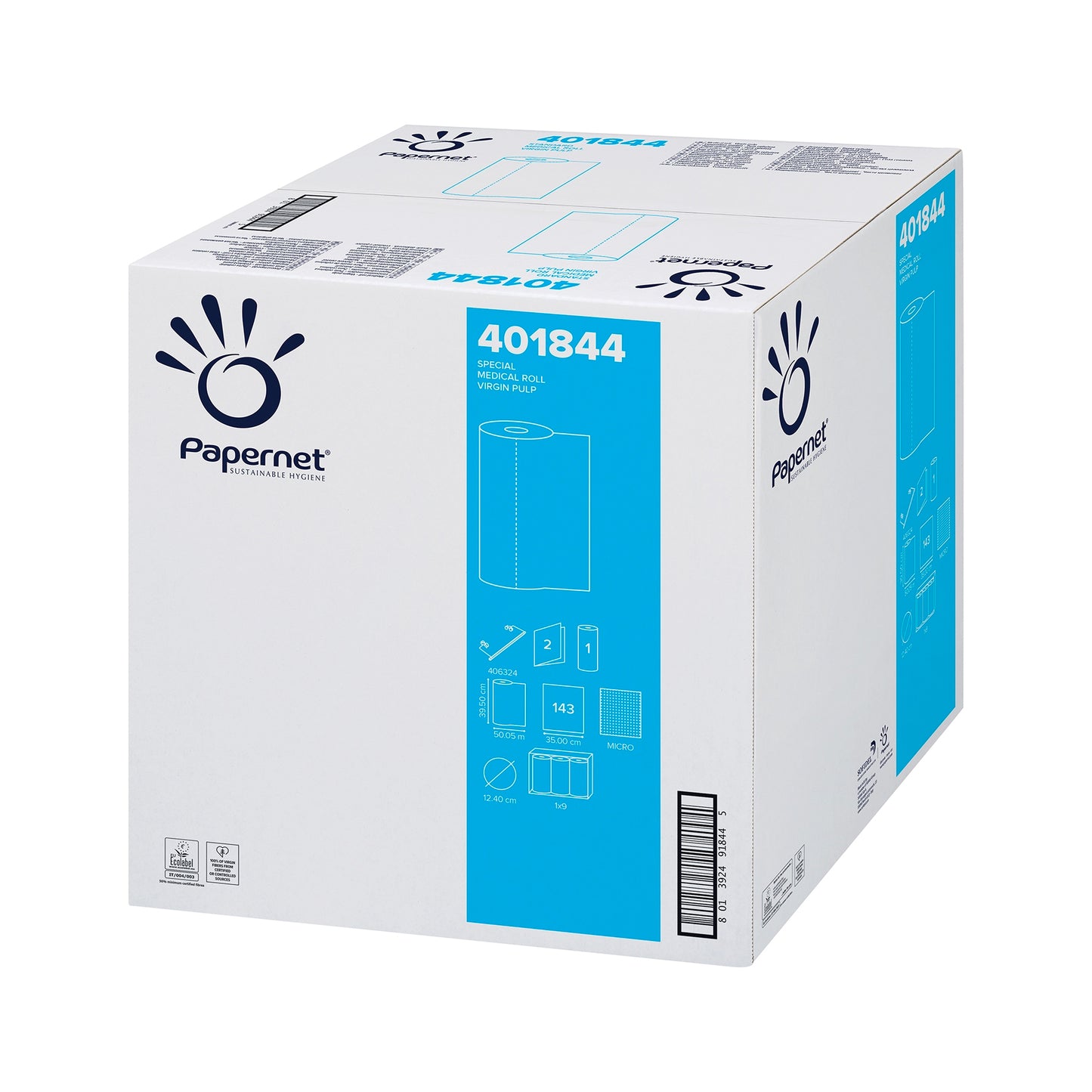 A box of Papernet couch roll doctor roll 401844 with a blue and white design resembling the pulp packaging. The packaging shows images of the contents and details such as the product code 401844.