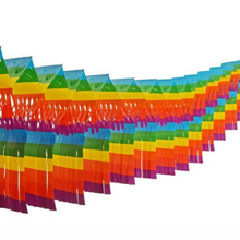Colorful PAPSTAR large room garland paper "fringe" banner (10 m x 15 cm) by PAPSTAR GmbH, arranged diagonally with fringe edges. Made from flame-retardant material for safety; ideal decorative choice against a white background.