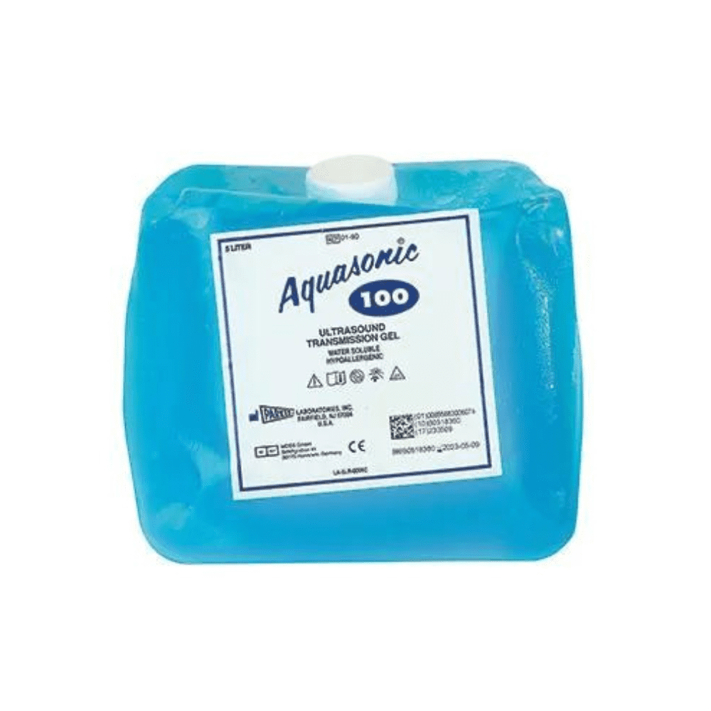 A large blue container labeled "Parker Aquasonic 100" from Servoprax GmbH contains hypoallergenic ultrasound gel designed for smooth ultrasound transmission. This water-soluble gel ensures easy cleaning and the container clearly displays measurement and safety symbols.