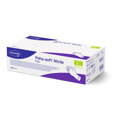 The Peha-soft® Nitrile-Fino gloves from Paul Hartmann AG, depicted in medium size with white-purple packaging and glove illustration, offer reliable protection as they are both latex-free and powder-free.