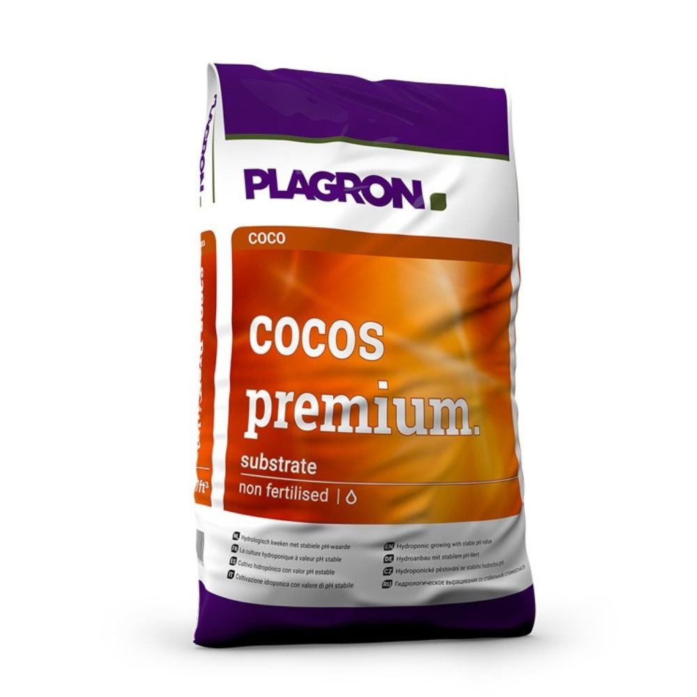 A product image of a Plagron Cocos Premium 50L bag from Bertels B.V. mainly shows white packaging with purple and orange areas. It highlights that the bag is not fertilized, is ideal for hydroponic cultivation, and contains various symbols and product details.