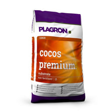 A product image of a Plagron Cocos Premium 50L bag from Bertels B.V. mainly shows white packaging with purple and orange areas. It highlights that the bag is not fertilized, is ideal for hydroponic cultivation, and contains various symbols and product details.