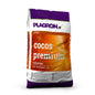 A product image of a Plagron Cocos Premium 50L bag from Bertels B.V. mainly shows white packaging with purple and orange areas. It highlights that the bag is not fertilized, is ideal for hydroponic cultivation, and contains various symbols and product details.
