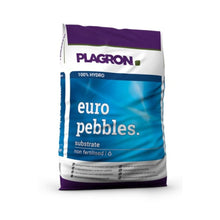 A bag of Plagron Europebbles from Bertels B.V. features a blue-white design with a purple top and the words "100% Hydro" and "Substrate, unfertilized." It contains pure, salt-free clay pebbles, ideal for hydroponic systems and plant cultivation.