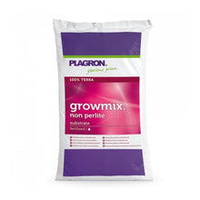 The image shows a white bag of Plagron Growmix 50 l – without perlite from Bertels B.V. with purple and pink accents and the inscription "Premium potting soil, pre-fertilized for 100% Terra fertilization, to ensure healthy plant growth".