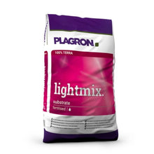 A bag of Plagron Lightmix with perlite substrate from Bertels B.V. in purple and pink contains 100% Terra-fertilized soil with white text. The upright bag displays product information and perlite details at the bottom, highlighting the Plagron quality soil.