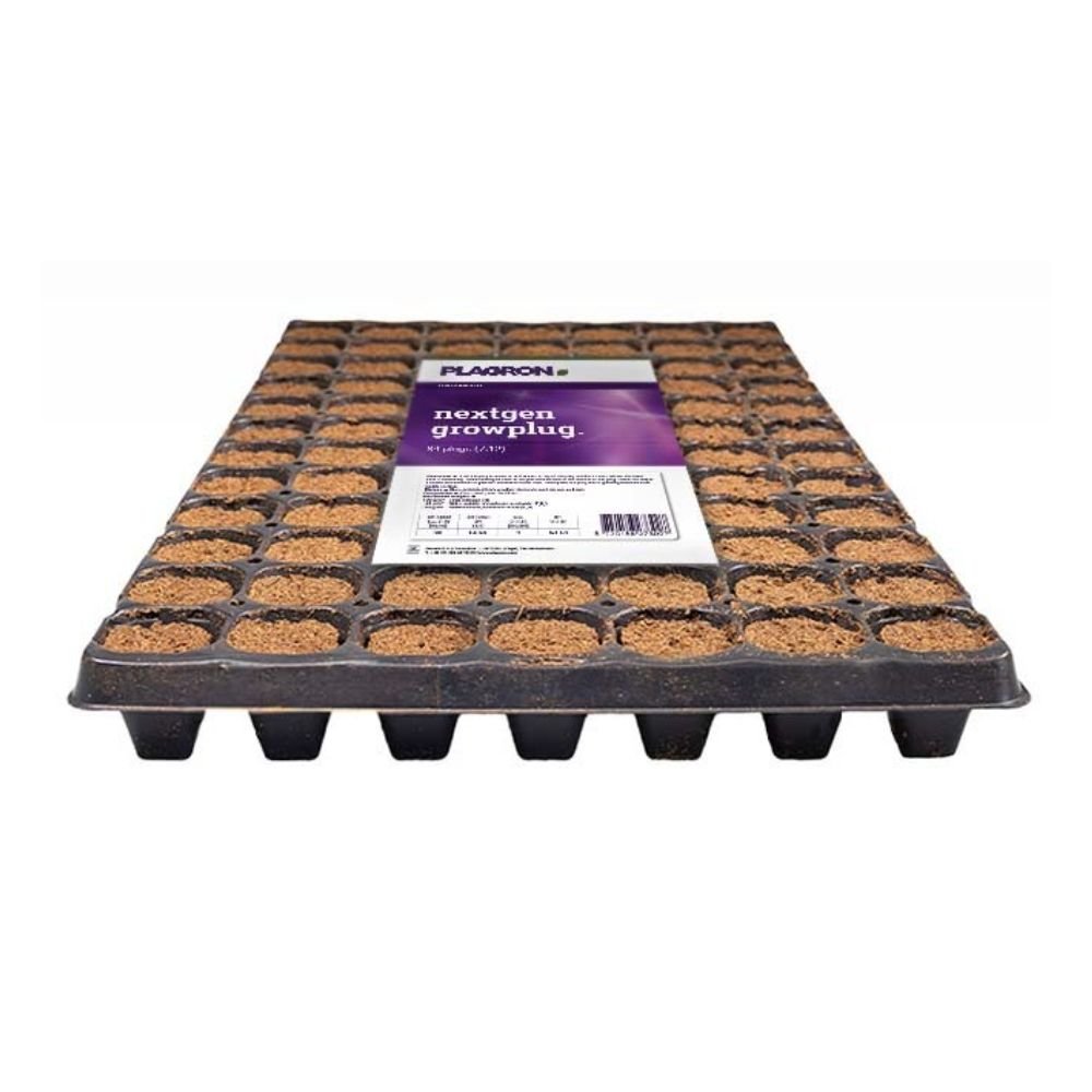 The Plagron NextGen Growplug from Bertels B.V. features 84 compartments filled with soil, enriched with coconut fibers for better root formation. It has a grid design that is ideal for planting and is equipped with a striking product information label on the surface.