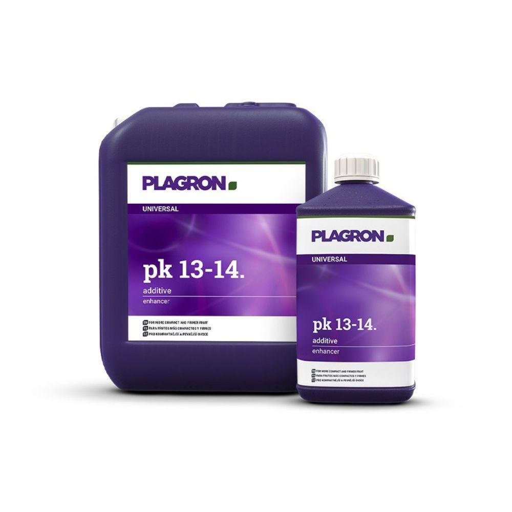 Pictured are two containers of Bertels B.V. Plagron PK 13-14 – for firmer and harder fruits, both in dark purple with white and purple labels featuring the brand, product name, and usage information.