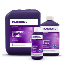 Pictured are three containers of the biostimulator Plagron Power Buds by Bertels B.V. with purple labels and white text promoting flower formation: the largest on the left, the medium on the right, and the smallest in the middle.