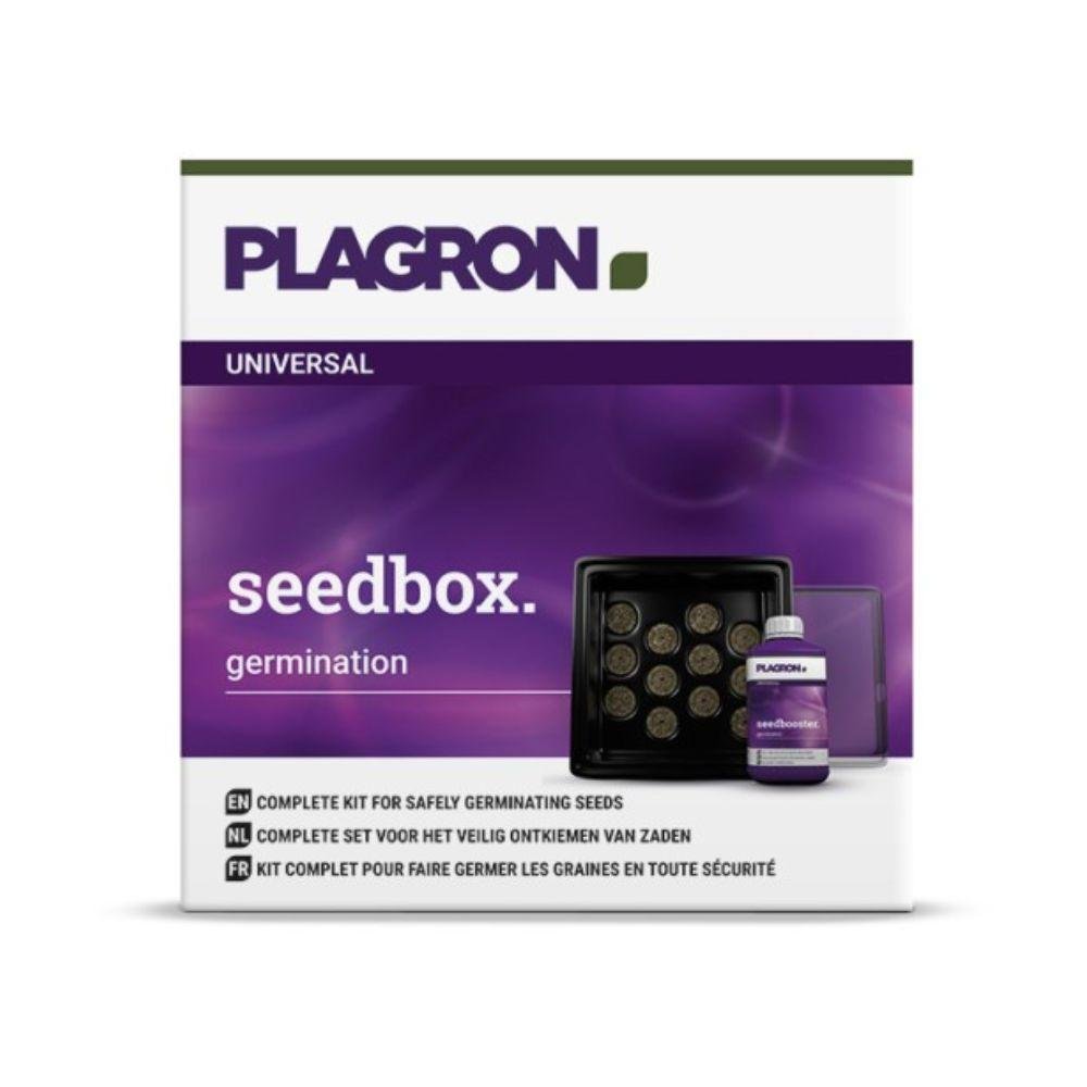 A box labeled “Plagron Seedbox – Compact Planting Set for Seedlings | 1 Piece” from Bertels B.V. contains a tray with compartments, a seed booster bottle, and descriptions in English, Dutch, and French on the packaging.