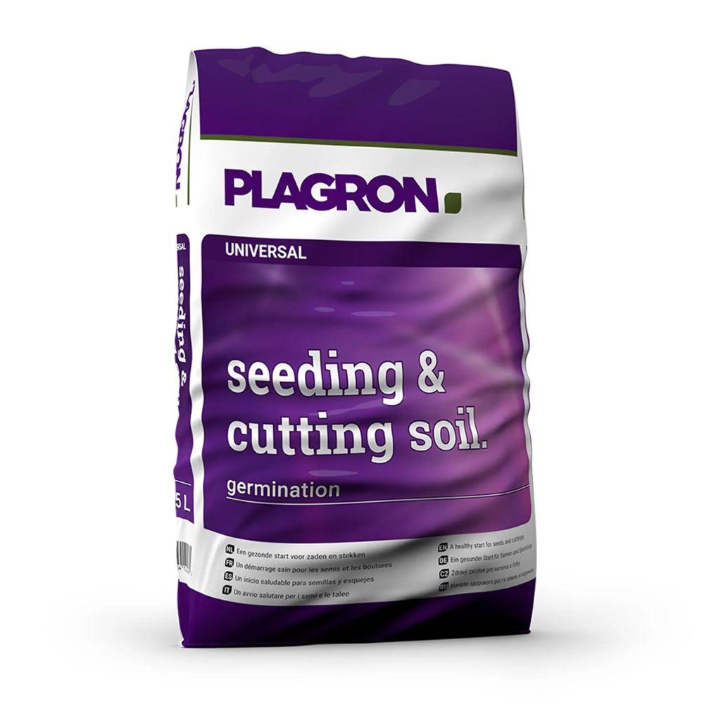 The product featured is a 25-liter bag of Plagron Seeding & Cutting Soil—the perfect growing medium from Bertels B.V., ideal for germinating seeds. The purple packaging with white text highlights the expertly blended mixture of peat and sand designed for germination.