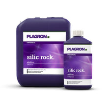 Two Plagron Silic Rock containers from Bertels B.V. are depicted: a large dark purple container on the left and a smaller bottle on the right, both labeled "Silicon fertilizer." Their purple labels with white text emphasize their role in improving plant resilience and nutrient uptake.