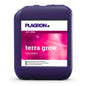 A purple container labeled "Plagron Terra Grow" from Bertels B.V. features a pink-white design. It is a mineral-based complete fertilizer that promotes rapid plant growth during the growth phase, with multilingual text.