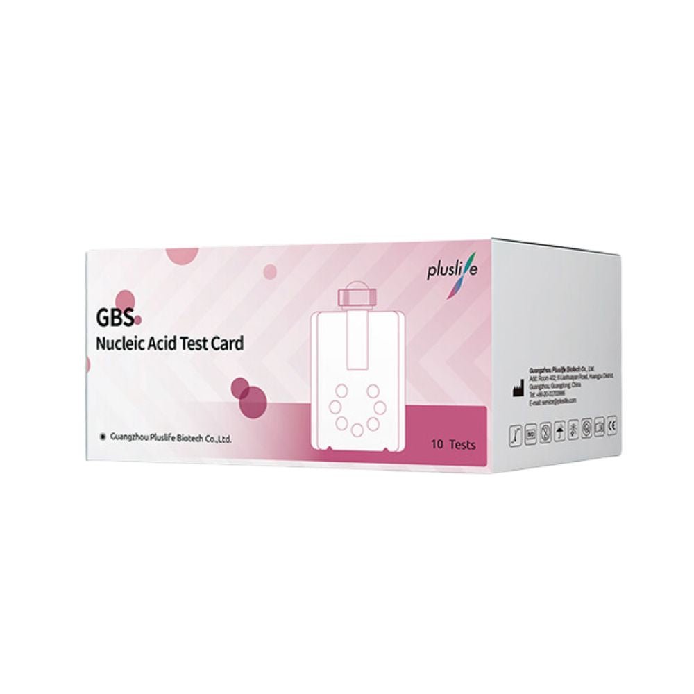 The Pluslife Group B Streptococcus test kits from MedRhein GmbH come in a pink-and-white box, provide rapid in vitro detection of Group B Streptococcus, contain 10 tests, and are manufactured by Guangzhou Pluslife Biotech Co., Ltd.