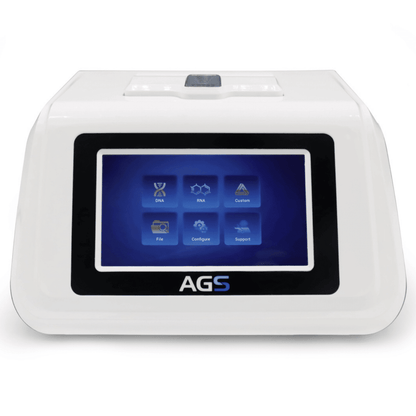 A real-time PCR device AGS8830-8 from the brand Altruan with a digital display showing options for DNA, RNA, size, configuration, and support on the screen, enclosed in a white casing.