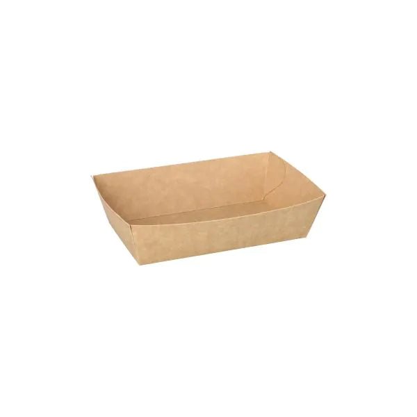 A brown PAPSTAR snack tray made of cardboard "pure" from PAPSTAR GmbH stands empty on a white background and is ideal as eco-friendly disposable tableware for serving food at events or for takeout.