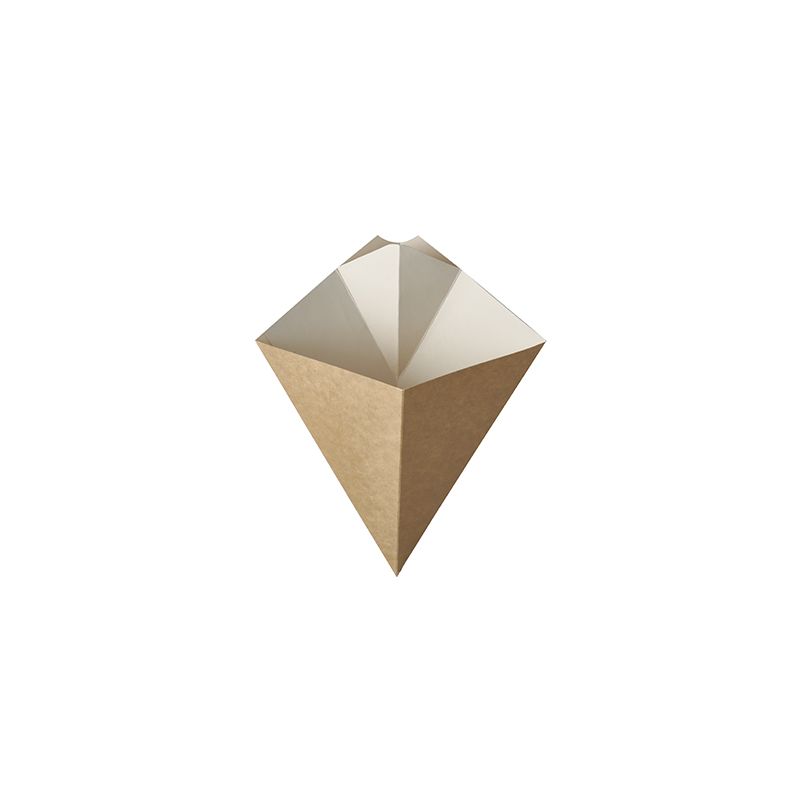 The PAPSTAR "pure" French fries cone with dip corner is a geometric paper bag with an open top, ideal for 100 grams of French fries. Manufactured by PAPSTAR GmbH, the brown on the outside and white on the inside French fries cone is made from renewable resources, making it a sustainable to-go packaging.