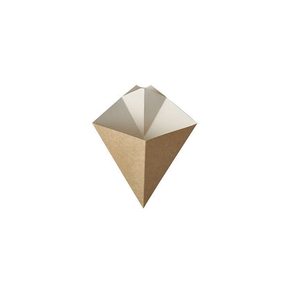 The PAPSTAR "pure" French fries cone with dip corner is a geometric paper bag with an open top, ideal for 100 grams of French fries. Manufactured by PAPSTAR GmbH, the brown on the outside and white on the inside French fries cone is made from renewable resources, making it a sustainable to-go packaging.