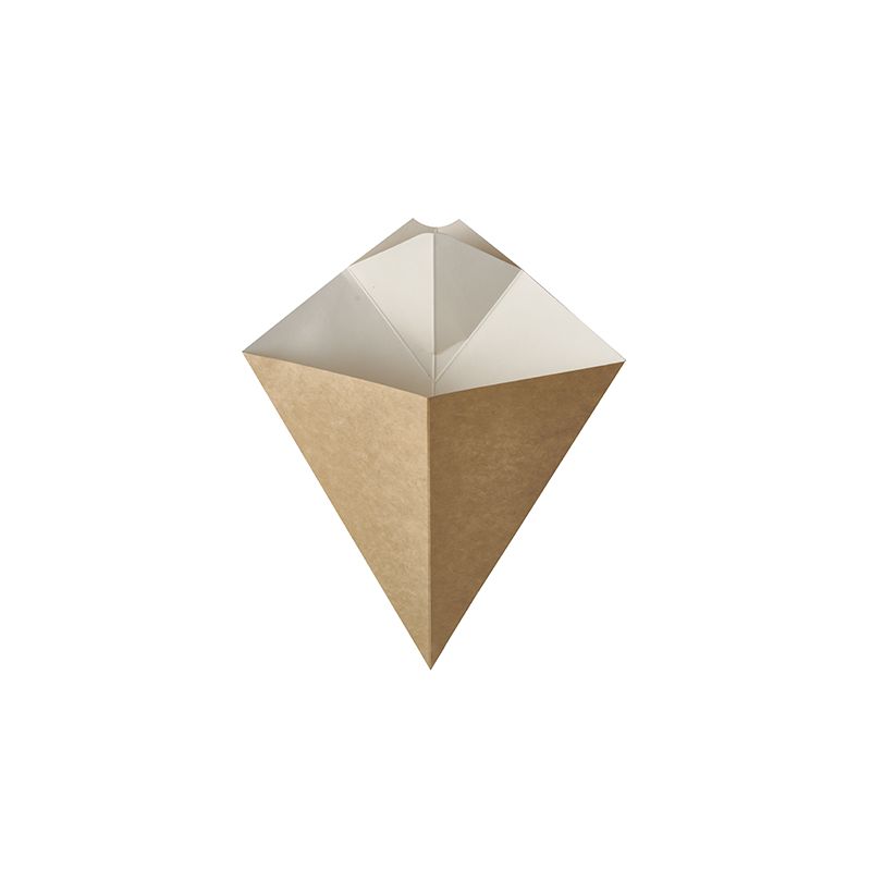 The French fries cones "pure" with dip corner from PAPSTAR GmbH, measuring 19.5 cm x 16.5 cm, brown on the outside and white on the inside, are an ideal to-go packaging for snacks. Their conical shape with an internal cavity and geometric folds allows for eco-friendly serving and provides space for up to 100 g of French fries or similar treats.