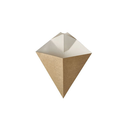 The French fries cones "pure" with dip corner from PAPSTAR GmbH, measuring 19.5 cm x 16.5 cm, brown on the outside and white on the inside, are an ideal to-go packaging for snacks. Their conical shape with an internal cavity and geometric folds allows for eco-friendly serving and provides space for up to 100 g of French fries or similar treats.