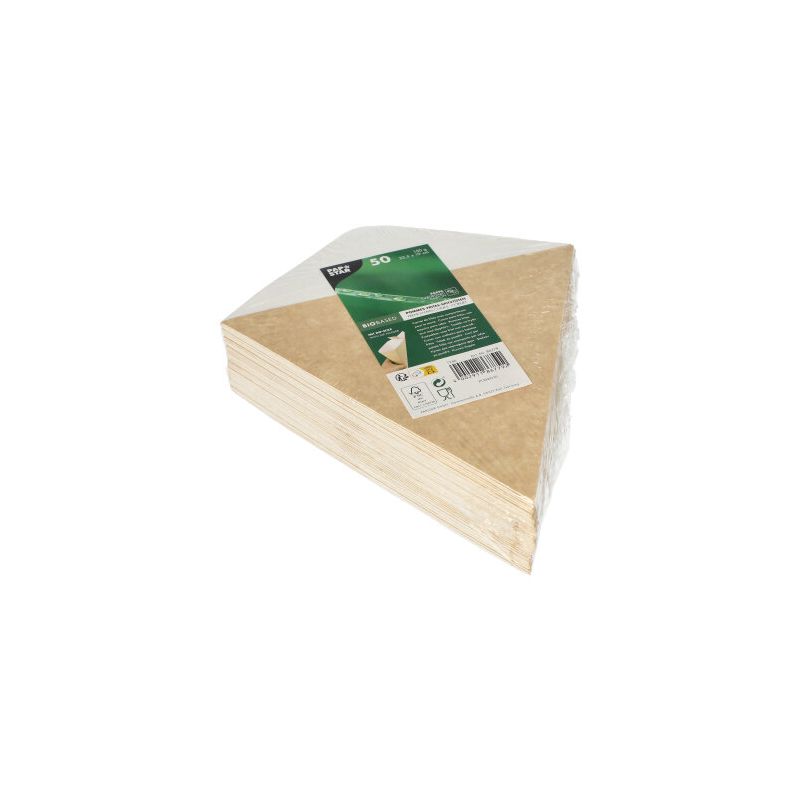 A set of brown-white wedge cushions, ideal for French fries cones with dip compartment, presents a green-white label with detailed product information, including barcode and icons. The to-go packaging from PAPSTAR GmbH is partially wrapped in transparent foil to highlight its eco-friendly design.