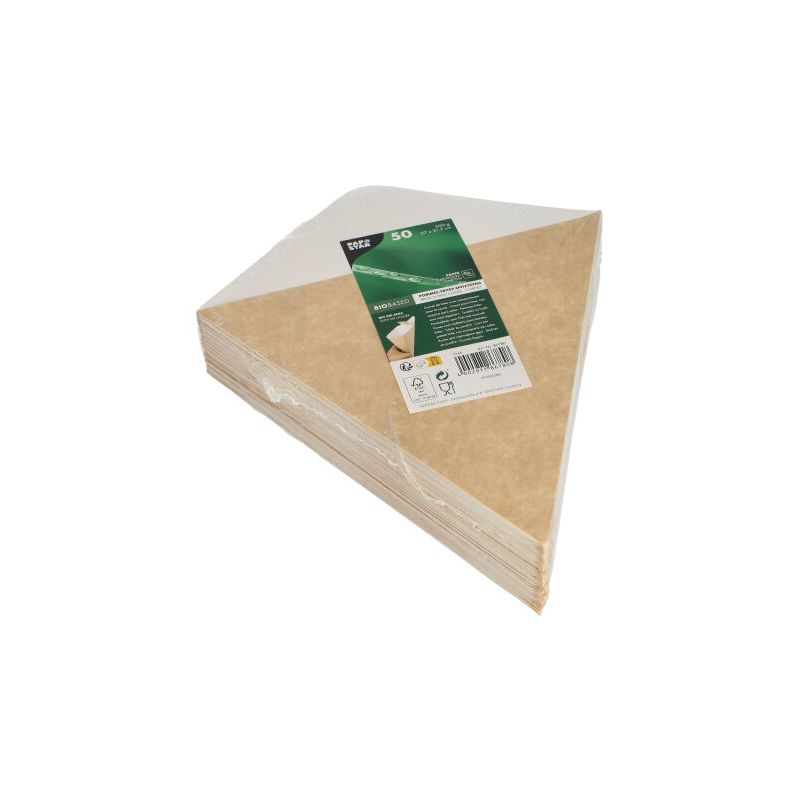 A stack of brown-white PAPSTAR "pure" French fries in triangular form with a dip corner, wrapped in a transparent plastic packaging, resembles a to-go packaging. On the top bag, a green label with text and symbols can be seen, emphasizing the eco-friendly character.