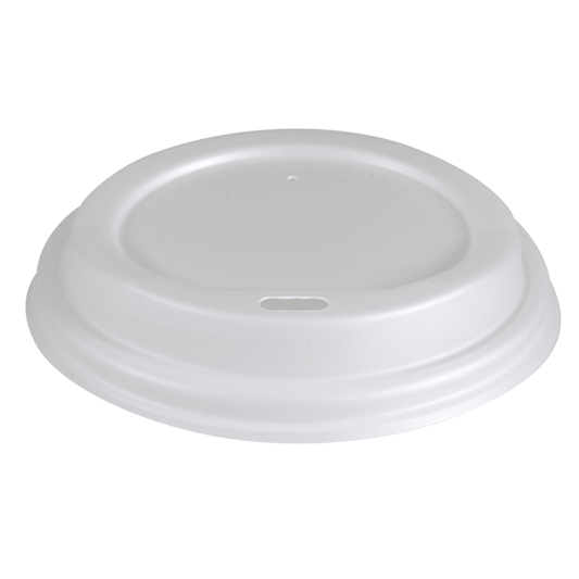 The white lid for Abena Re-Seller GmbH's organic cups, made of biodegradable plastic, has a small oval drinking hole and is shown from above against a plain background.