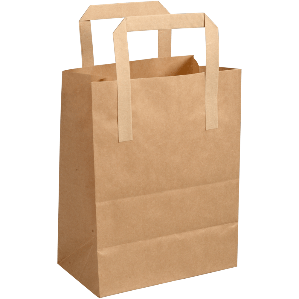The paper carrier bag with handle, brown from Abena Re-Seller GmbH stands upright against a white background. The recyclable, eco-friendly carrier bag is empty and has neatly folded sides.