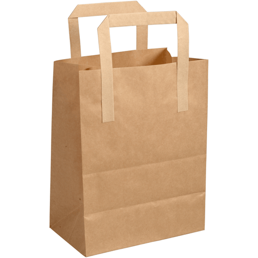 The brown paper shopping bag with a handle from Abena Re-Seller GmbH is standing upright against a white background. The recyclable, eco-friendly shopping bag is empty and has neatly folded sides.