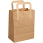 The paper carrier bag with handle, brown from Abena Re-Seller GmbH stands upright against a white background. The recyclable, eco-friendly carrier bag is empty and has neatly folded sides.