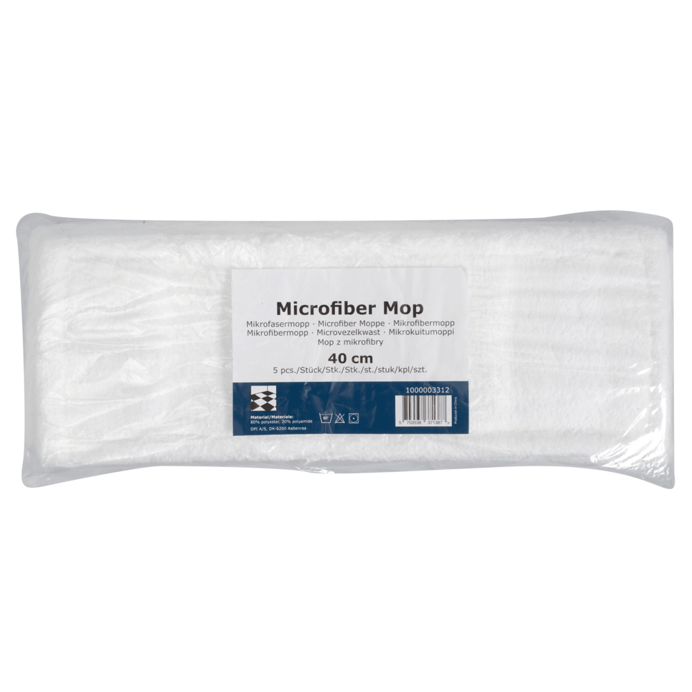 The Abena Re-Seller GmbH microfiber mop standard, white, is a rectangular 40 cm large 5-pack refill with a blue-white label - ideal for sustainable cleaning.