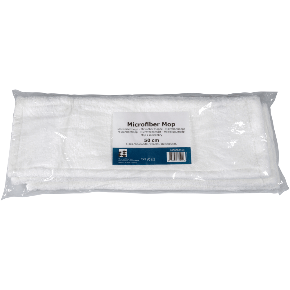Pictured is a packaged microfiber mop standard, white, from Abena Re-Seller GmbH with a length of 50 cm in a transparent plastic cover with a product label containing the name, size, and information on sustainable cleaning.