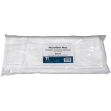 Pictured is a packaged microfiber mop standard, white, from Abena Re-Seller GmbH with a length of 50 cm in a transparent plastic cover with a product label containing the name, size, and information on sustainable cleaning.