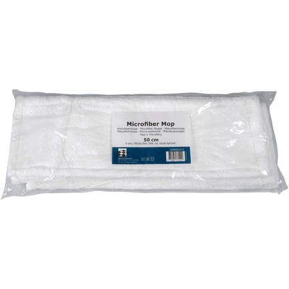 Pictured is a packaged microfiber mop standard, white, from Abena Re-Seller GmbH with a length of 50 cm in a transparent plastic cover with a product label containing the name, size, and information on sustainable cleaning.