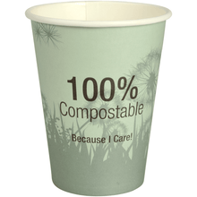 The "Dandelion" compostable coffee cup from Abena Re-Seller GmbH is a green cup featuring the slogan "100% Compostable Because I Care!" and a subtle dandelion motif in the background.