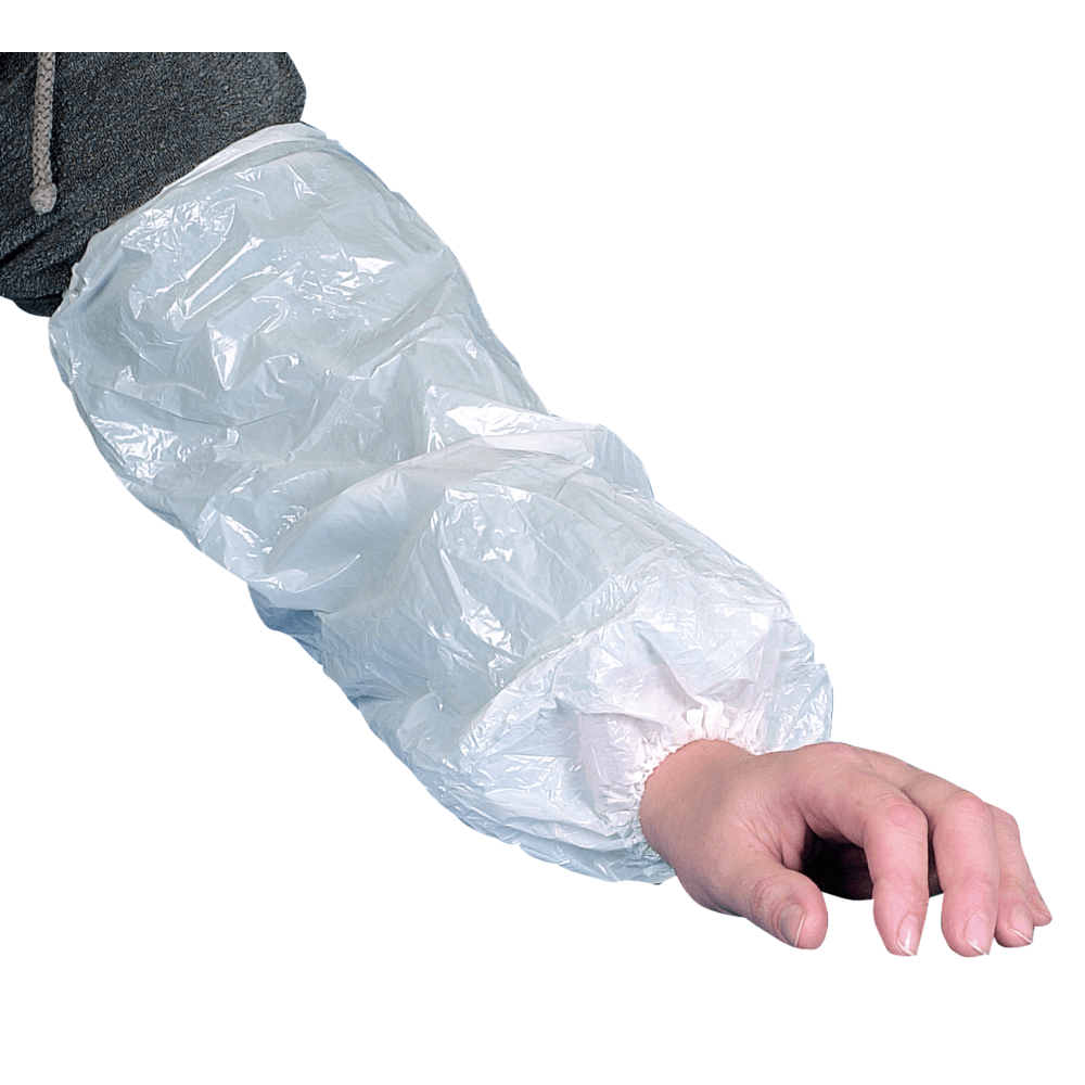 The arm of a person is protected by an Abena sleeve protector (40 cm, 20 my PE, white), which extends from the wrist to above the elbow and has gathered ends; the hand remains free. Package: 100 pieces. Brand: Abena Re-Seller GmbH.