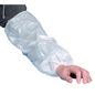 The arm of a person is protected by an Abena sleeve protector (40 cm, 20 my PE, white), which extends from the wrist to above the elbow and has gathered ends; the hand remains free. Package: 100 pieces. Brand: Abena Re-Seller GmbH.