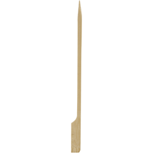 A 15 cm bamboo skewer from Abena Re-Seller GmbH with a pointed and flat side, standing against a white background - pack of 100 pieces, ideal as eco-friendly BBQ skewers.