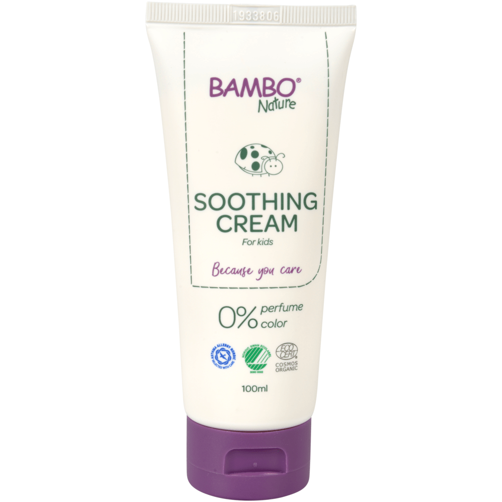 A white 100ml tube of Bambo Nature care cream from Abena Re-Seller GmbH, color and fragrance-free, ideal for sensitive skin, with a purple cap, green logo, certification symbols. Sold as a pack (6 pieces).