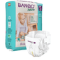 A pack of Bambo Nature XL diapers size 5 by Abena Re-Seller GmbH lies next to an unfolded diaper. The packaging features a child, product information, eco-certifications, and sustainable materials. Suitable for children weighing 12-18 kg.