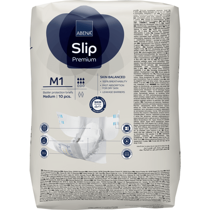 A pack of ABENA Slip Premium from Abena Re-Seller GmbH, medium size, 10 pieces. Designed for incontinence care with multilingual packaging that includes features, certifications, and usage instructions.