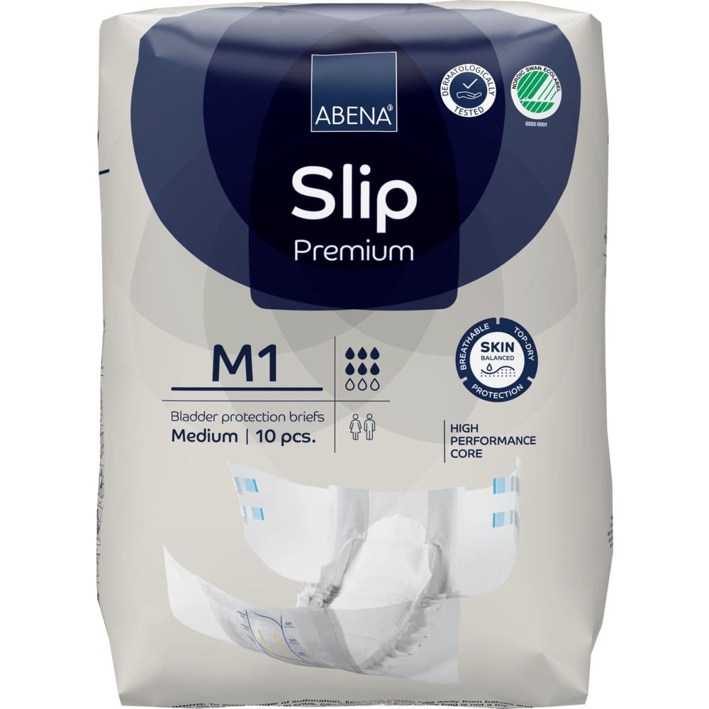 ABENA Slip Premium from Abena Re-Seller GmbH, medium size, 10-pack. Designed for incontinence care with a high-performance core and advanced skin protection, as indicated on the packaging.