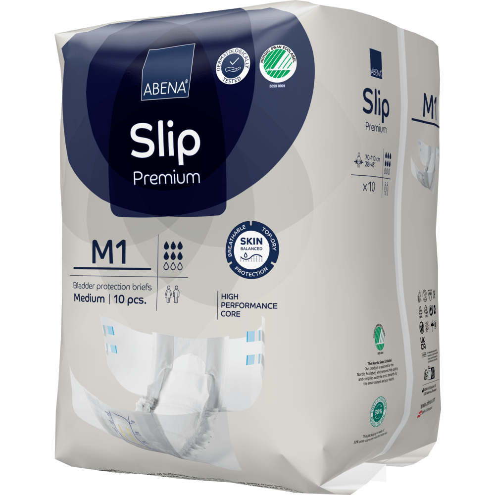 A pack of ABENA Slip Premium from Abena Re-Seller GmbH, size M1 (medium), contains 10 pieces and is characterized by skin-friendly materials and a powerful core for effective incontinence protection.